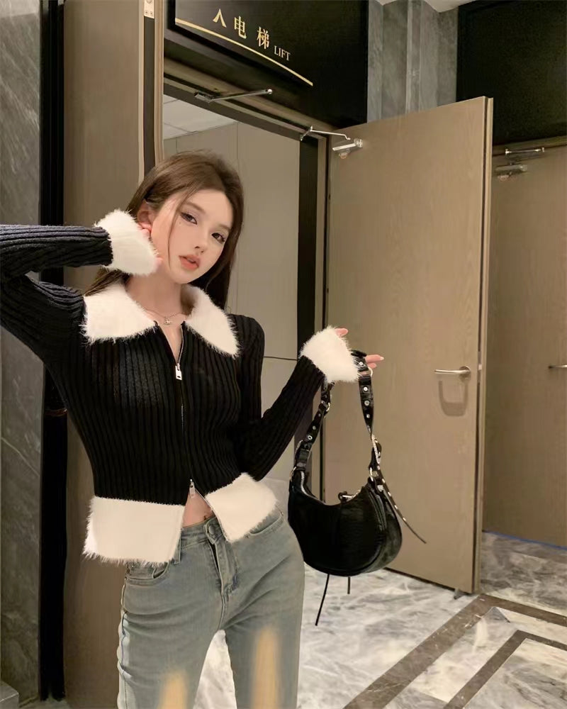 💕氣質短款polo毛毛領針織拉鍊修身上衣