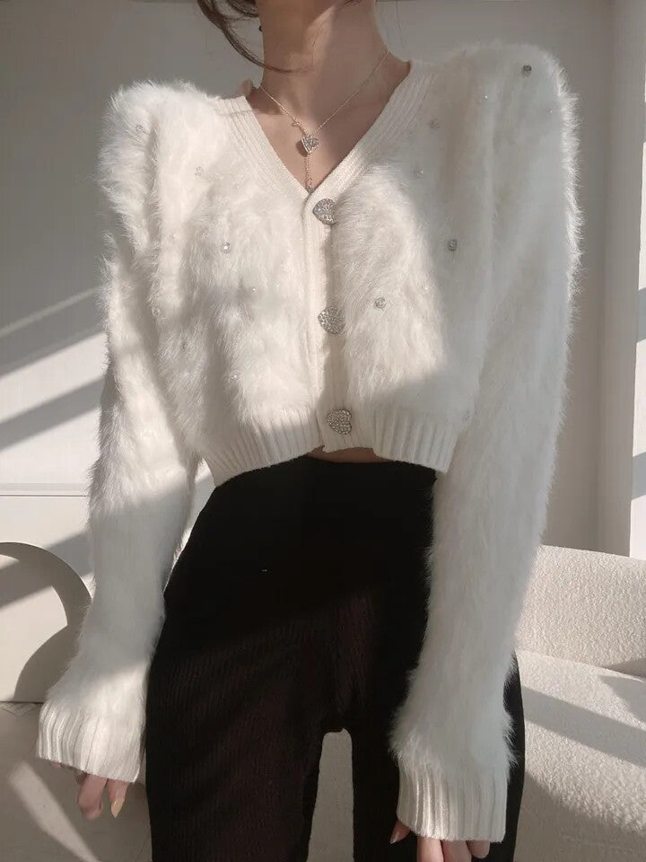 💕韓版釘珠愛心扣仿水貂絨毛衣針織衫