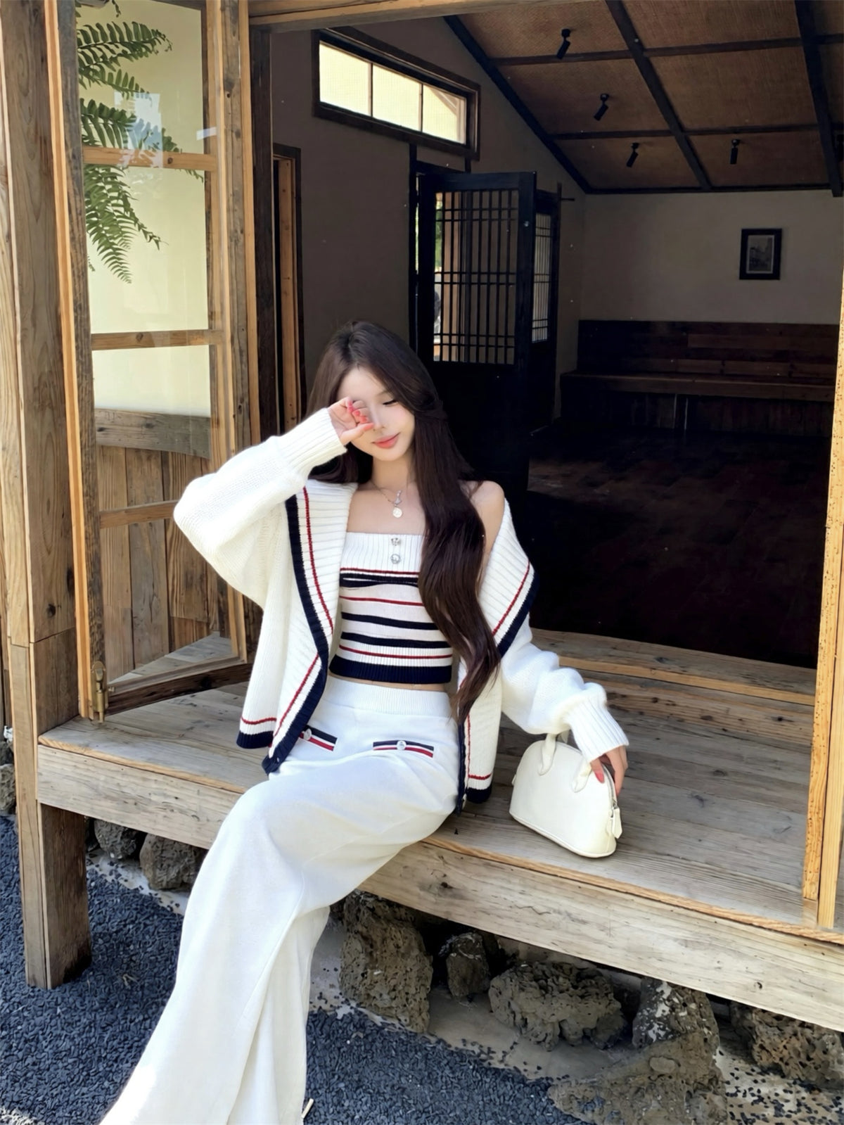 💕休閒慵懶條紋大翻領針織背心三件套