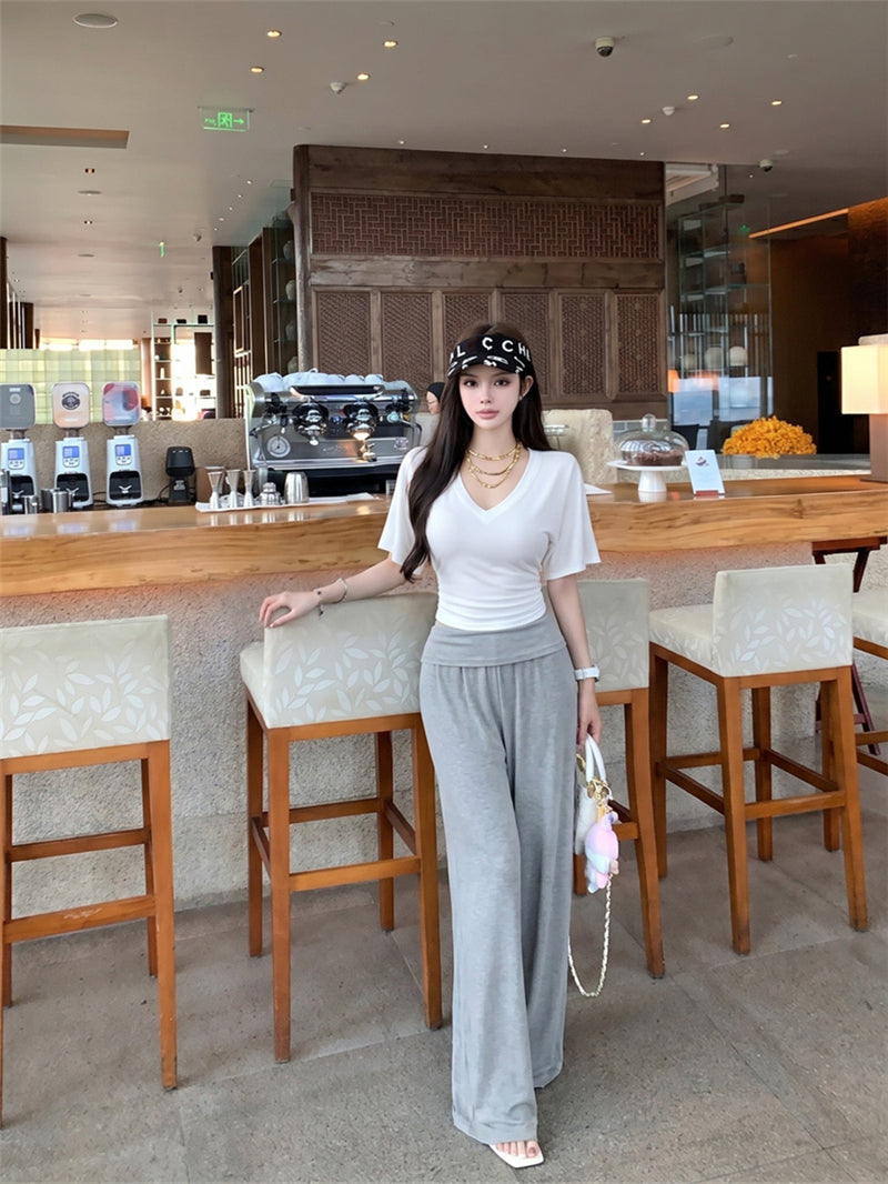💕慵懶風V領收腰顯瘦蝙蝠袖上衣&直筒褲套裝