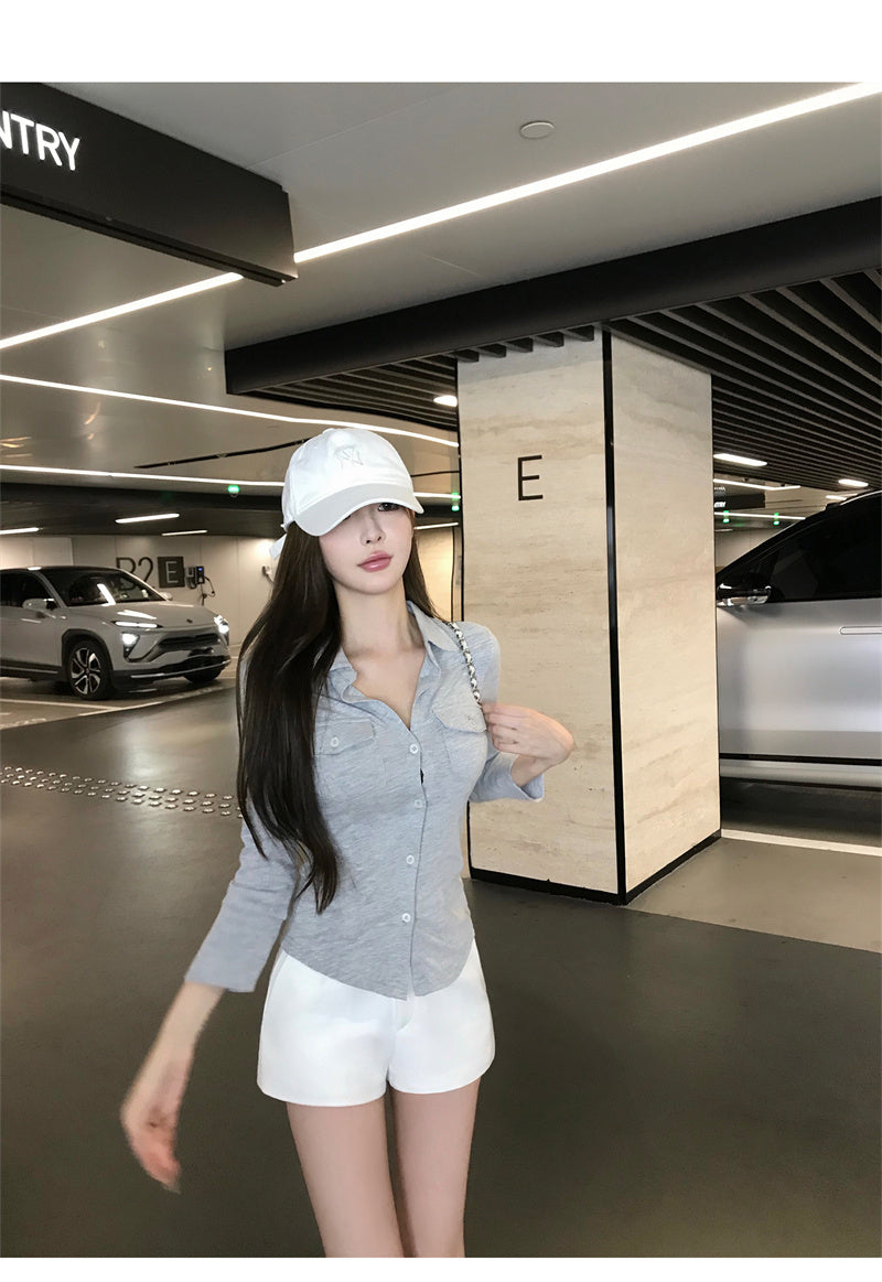 💕氣質翻領長袖收腰鈕扣襯衫