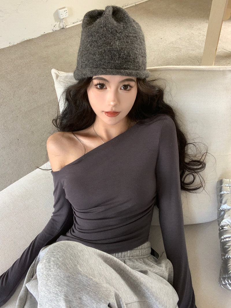 💕純欲性感不規則露肩黑色長袖斜肩上衣