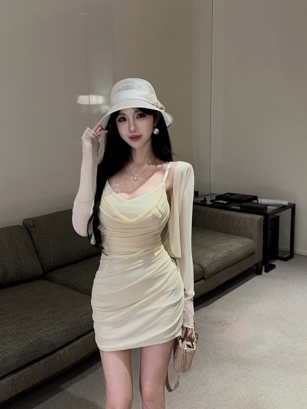 💕甜美性感褶皺修身吊帶連衣裙+開衫