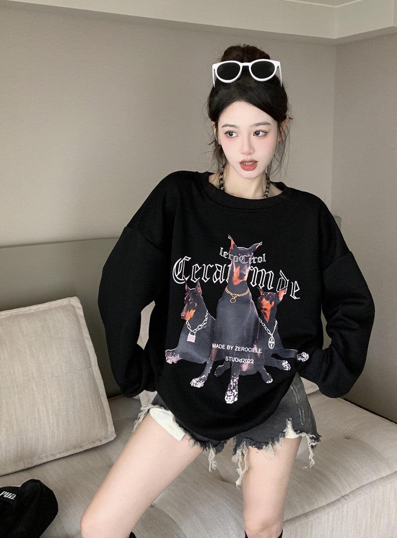 💕美式帥氣杜賓犬印花寬鬆中長衛衣