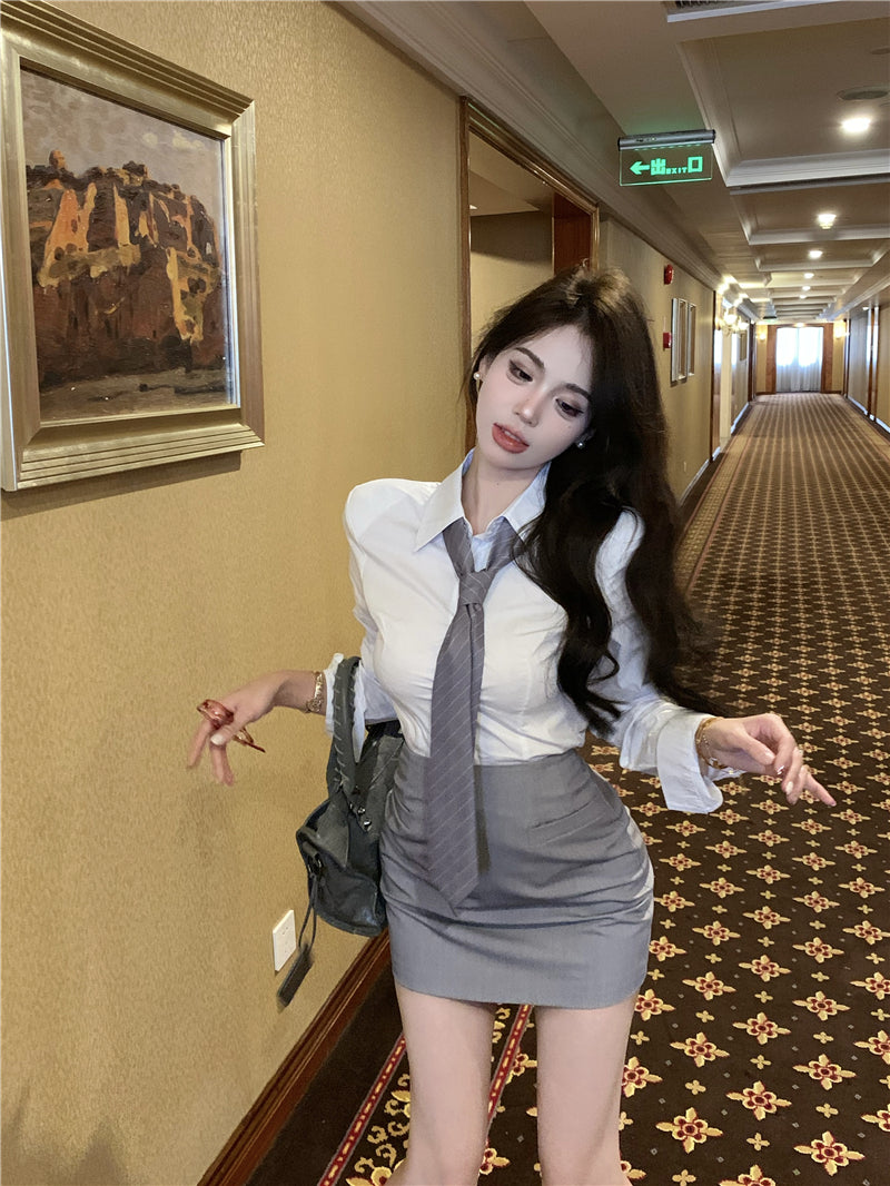 💕韓版秘書款收腰帶領襯衫兩件套