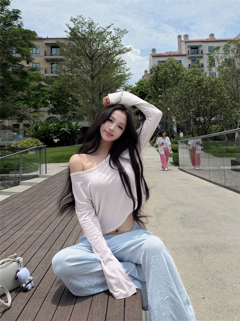 💕溫柔懶人斜肩長袖短款露臍上衣&條紋寬褲兩件套