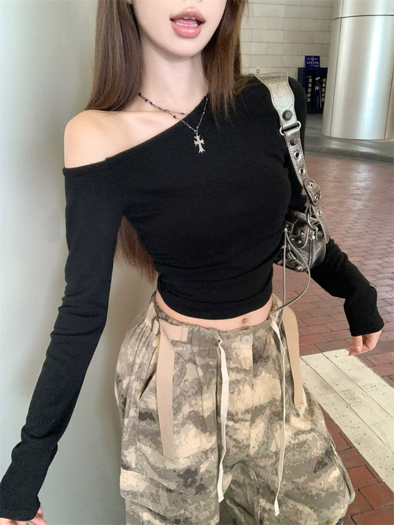 💕簡約通勤絕美基礎款斜肩磨毛上衣