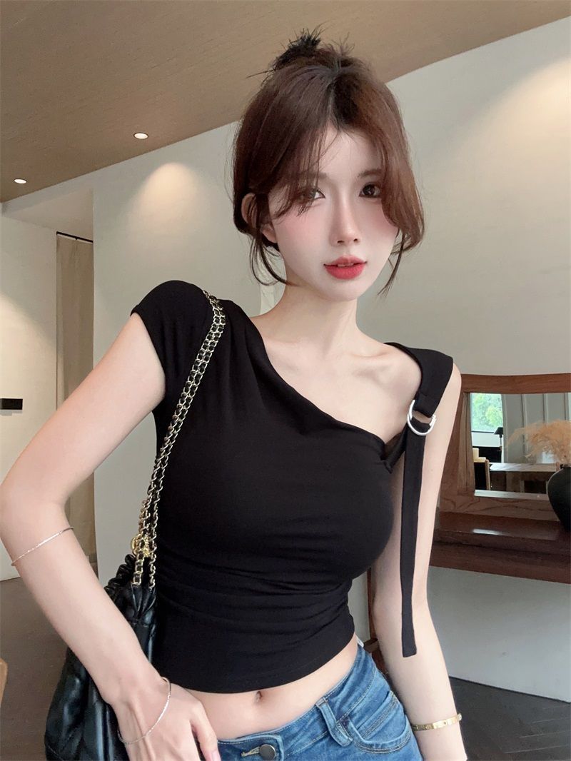 💕不規則斜領露肩露臍短袖上衣