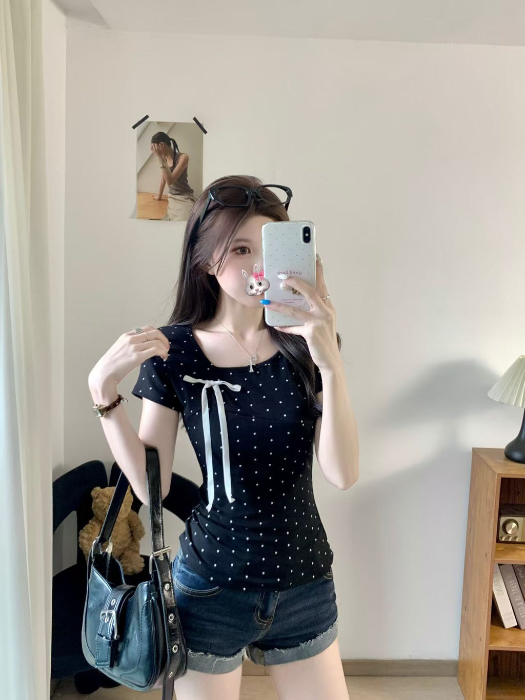 💕簡約百搭休閒帶胸墊蝴蝶結點點正肩上衣