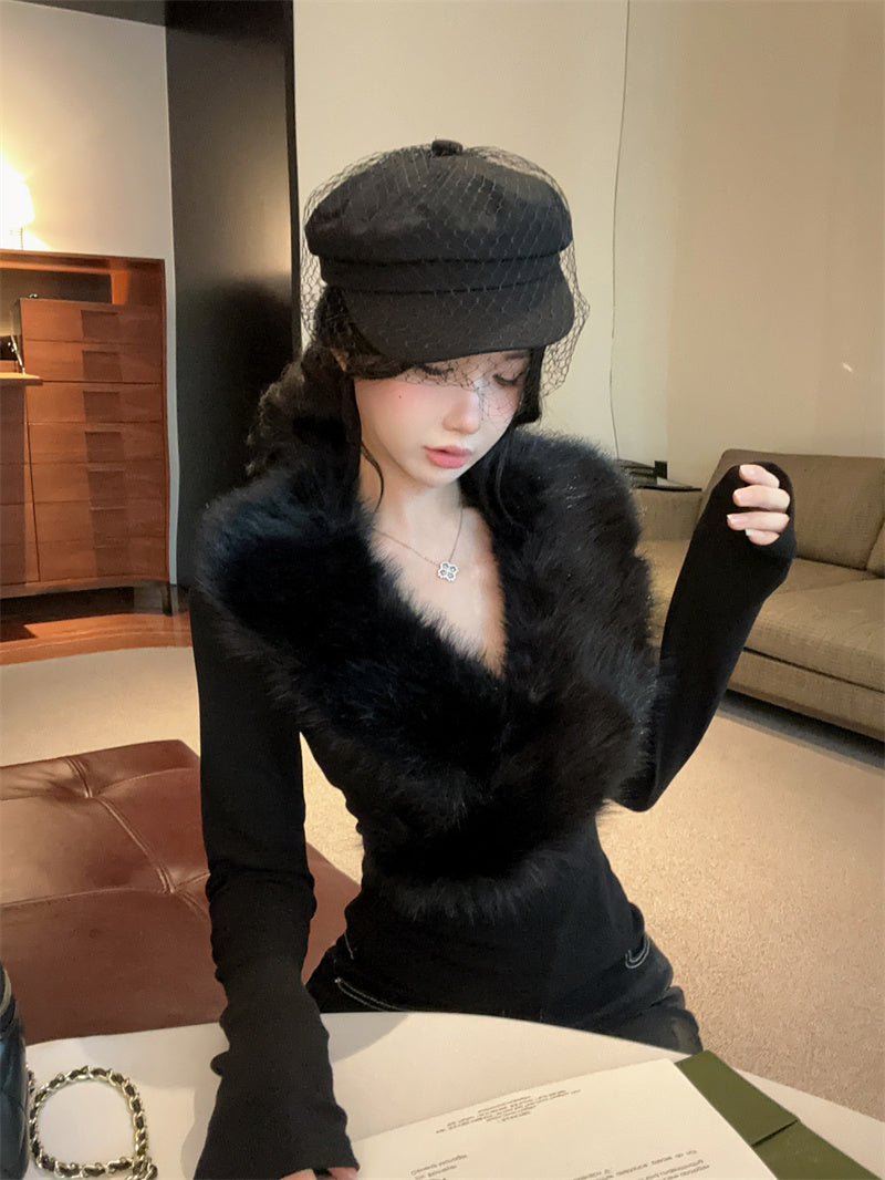 💕純欲辣妹毛領拼接V領長袖修身上衣
