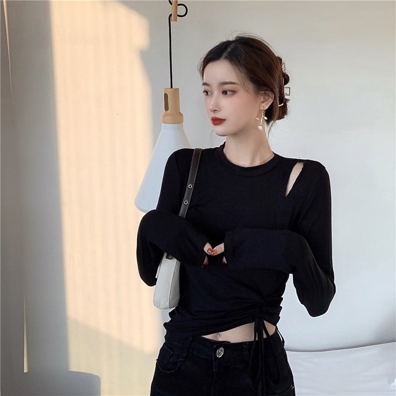 💕純色百搭鏤空側邊抽繩彈力打底上衣