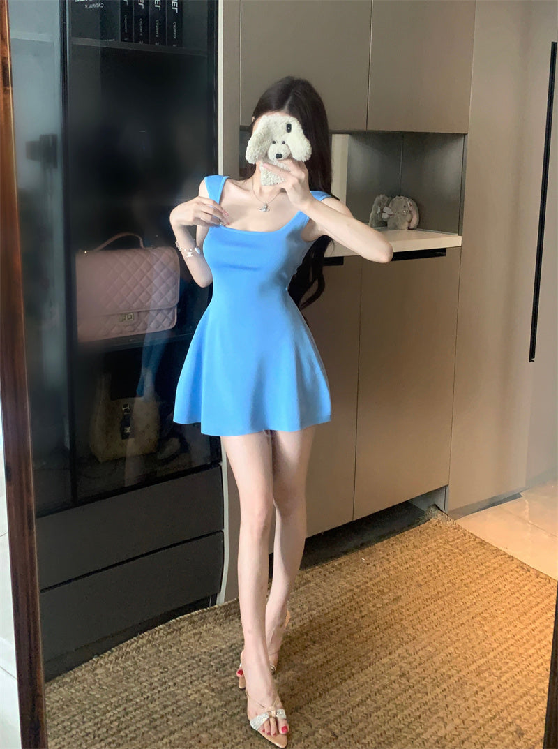 💕夏季法式方領針織連衣包臀短裙
