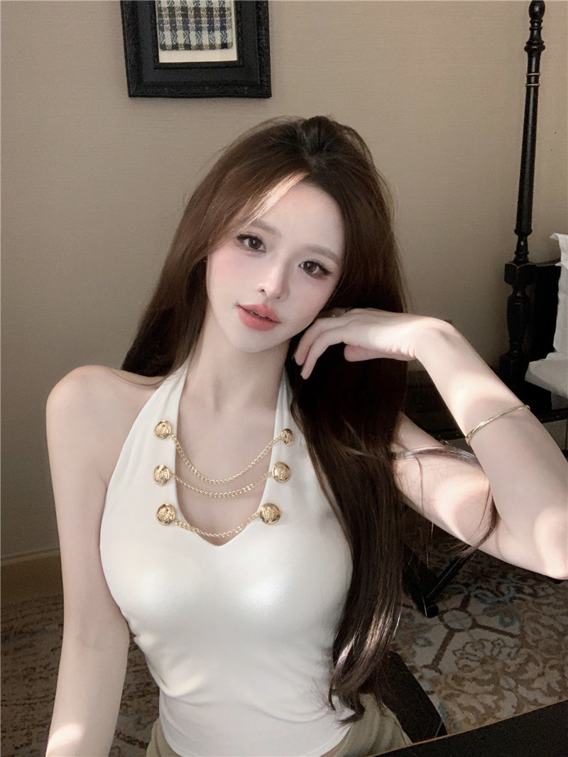 💕V領掛脖吊帶短版絕美上衣