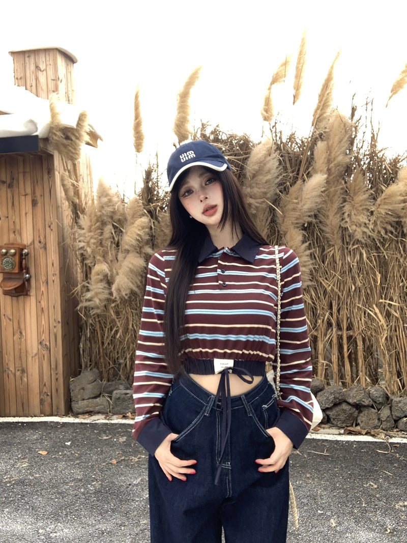 💕復古時尚撞色條紋拼接POLO長袖上衣