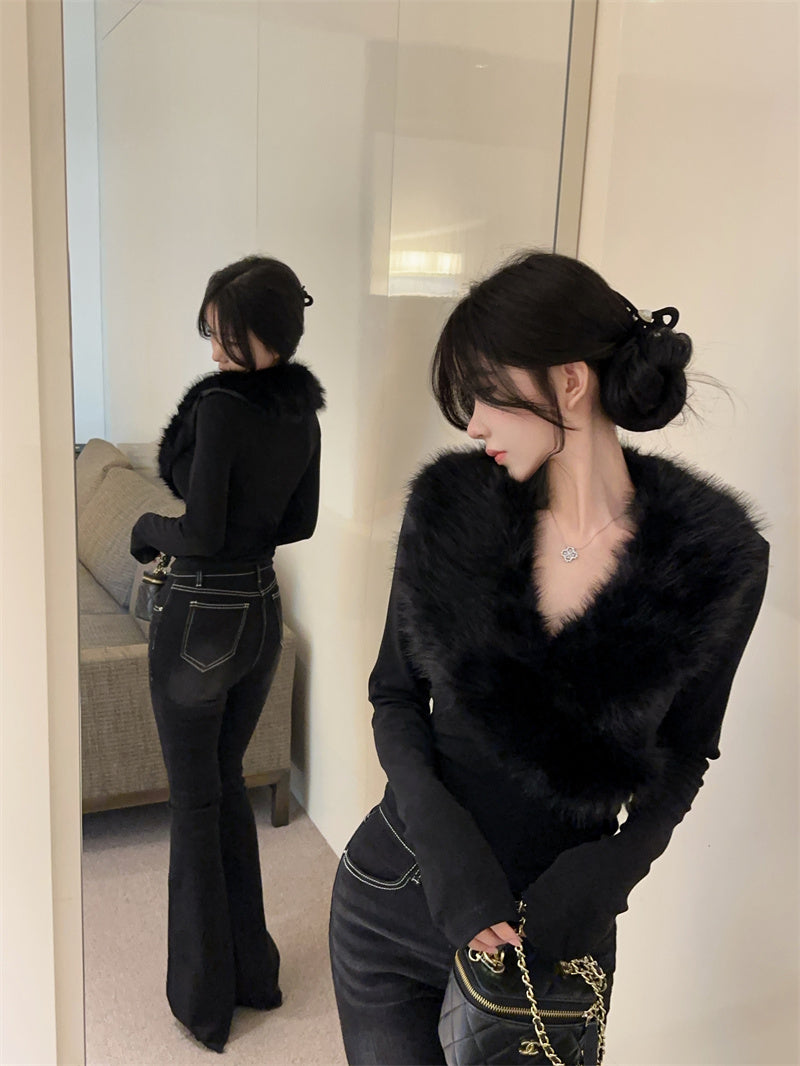 💕純欲辣妹毛領拼接V領長袖修身上衣