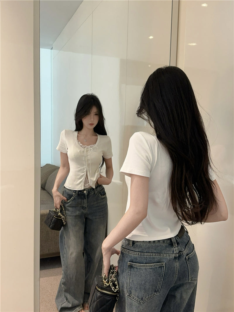 💕高級感假兩件短袖拼接蕾絲上衣