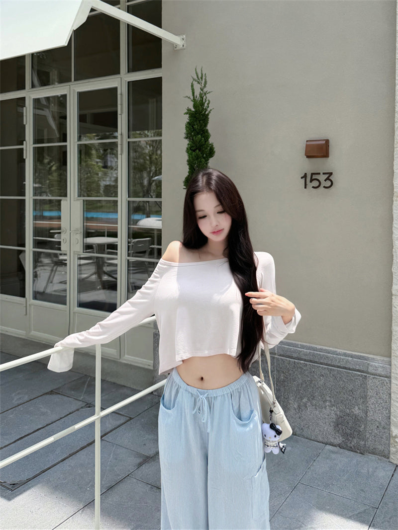 💕溫柔懶人斜肩長袖短款露臍上衣&條紋寬褲兩件套