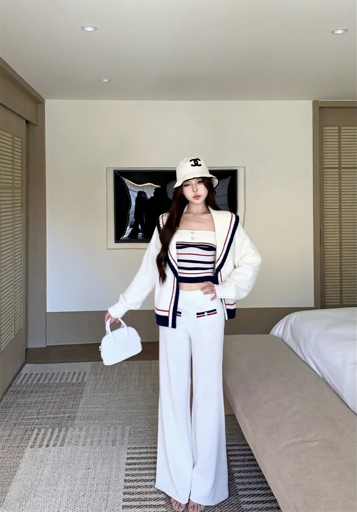 💕休閒慵懶條紋大翻領針織背心三件套