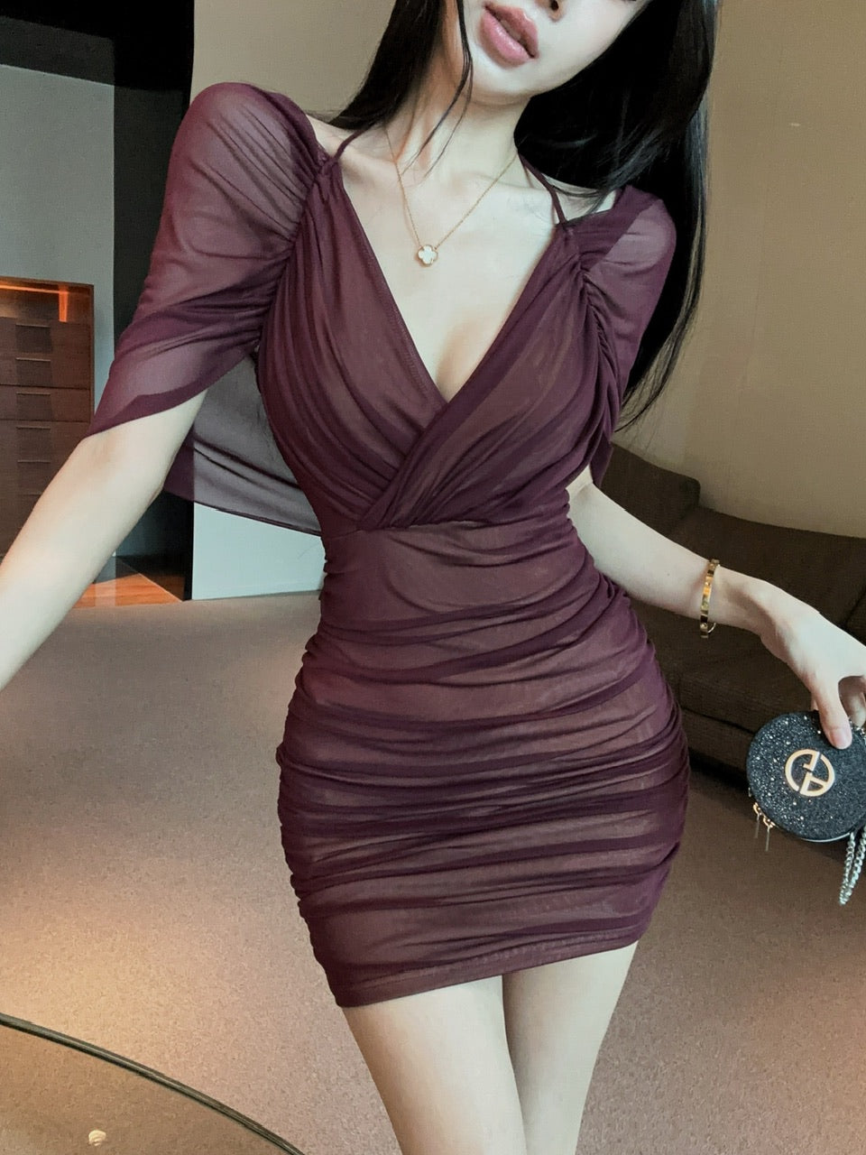 💕約會性感網紗綁帶包臀假兩件連身裙