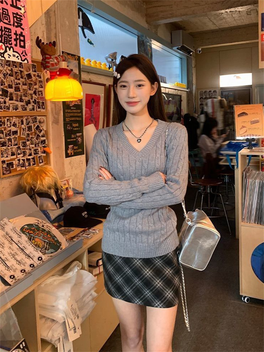 💕韓系慵懶風V領麻花加厚寬鬆毛衣