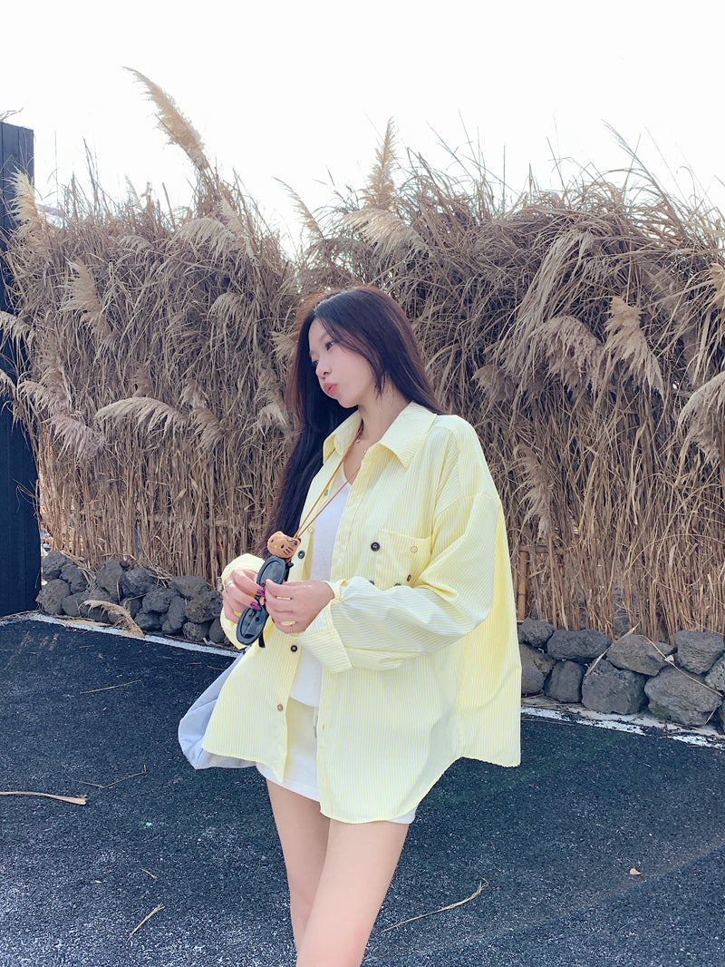 💕青春寬鬆百搭別緻彩色鈕扣條紋襯衫