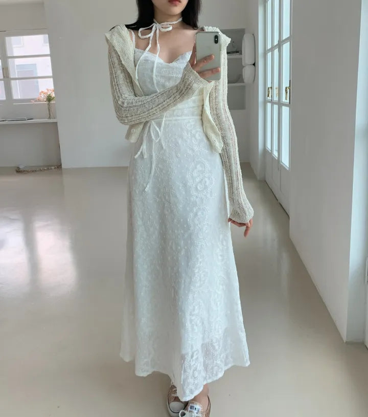 💕ihs系溫柔蕾絲性感露背鬆緊系帶收腰吊帶長裙