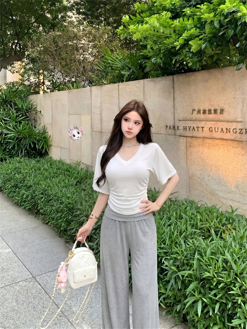 💕慵懶風V領收腰顯瘦蝙蝠袖上衣&直筒褲套裝