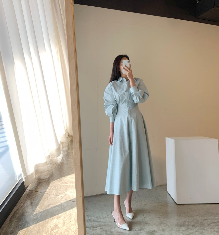 💕chic通勤簡約法式收腰顯瘦襯衫連身長裙