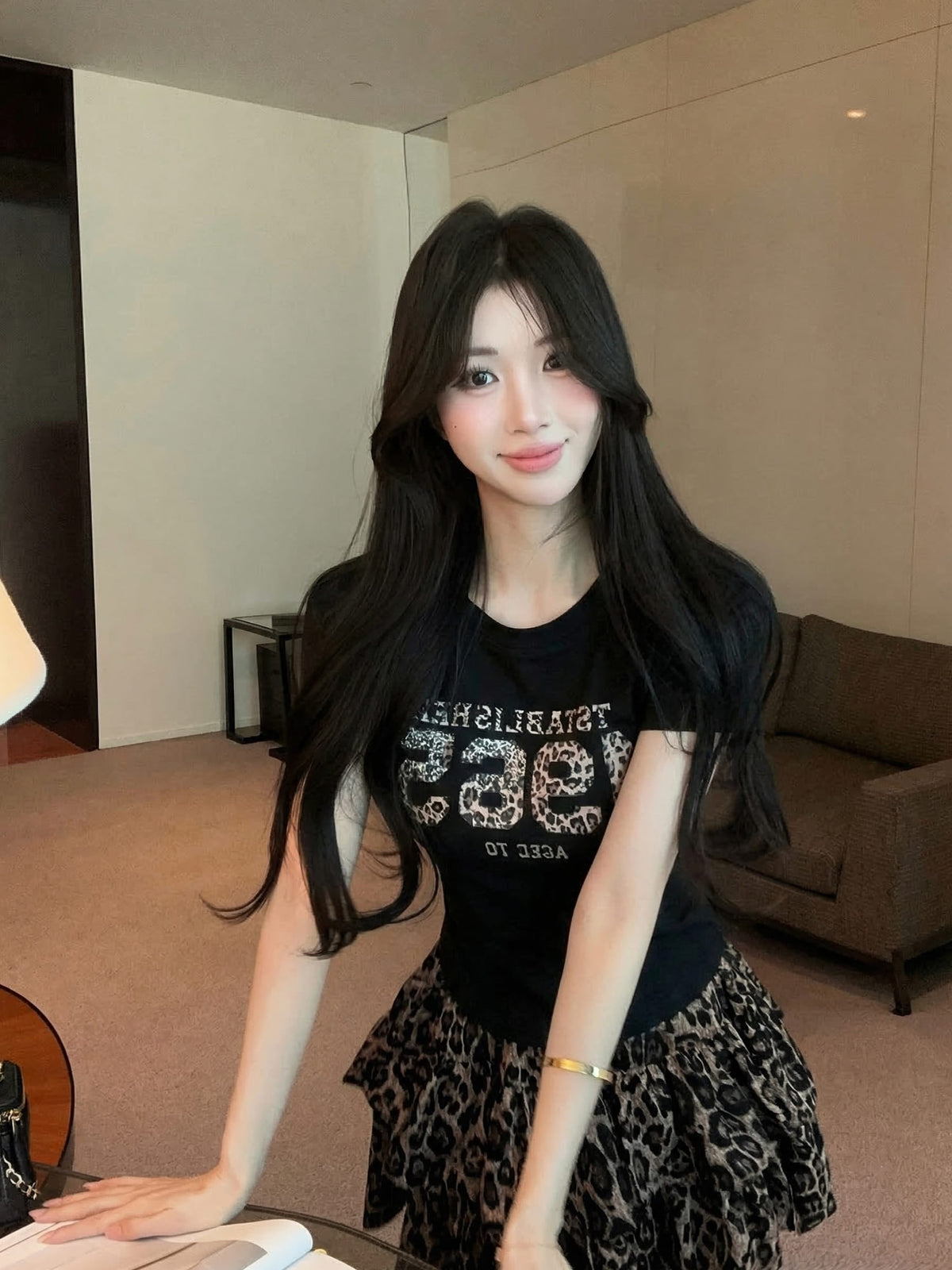 💕夏季豹紋印花圓領百搭短袖上衣