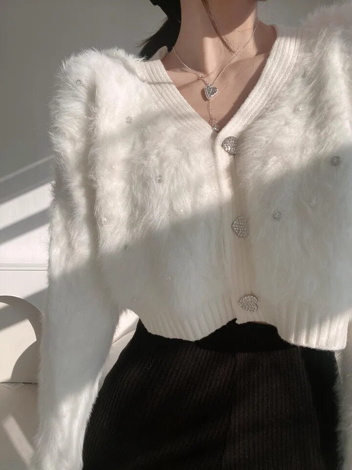 💕韓版釘珠愛心扣仿水貂絨毛衣針織衫