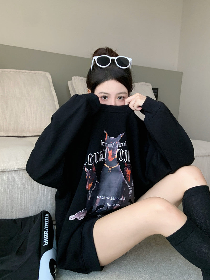 💕美式帥氣杜賓犬印花寬鬆中長衛衣