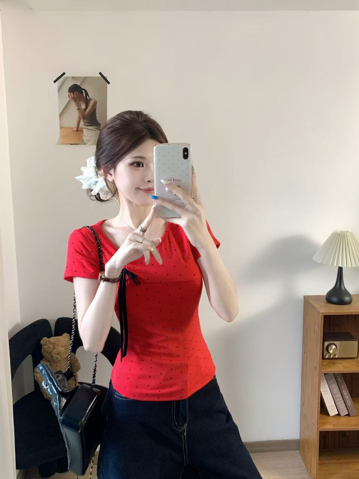 💕簡約百搭休閒帶胸墊蝴蝶結點點正肩上衣