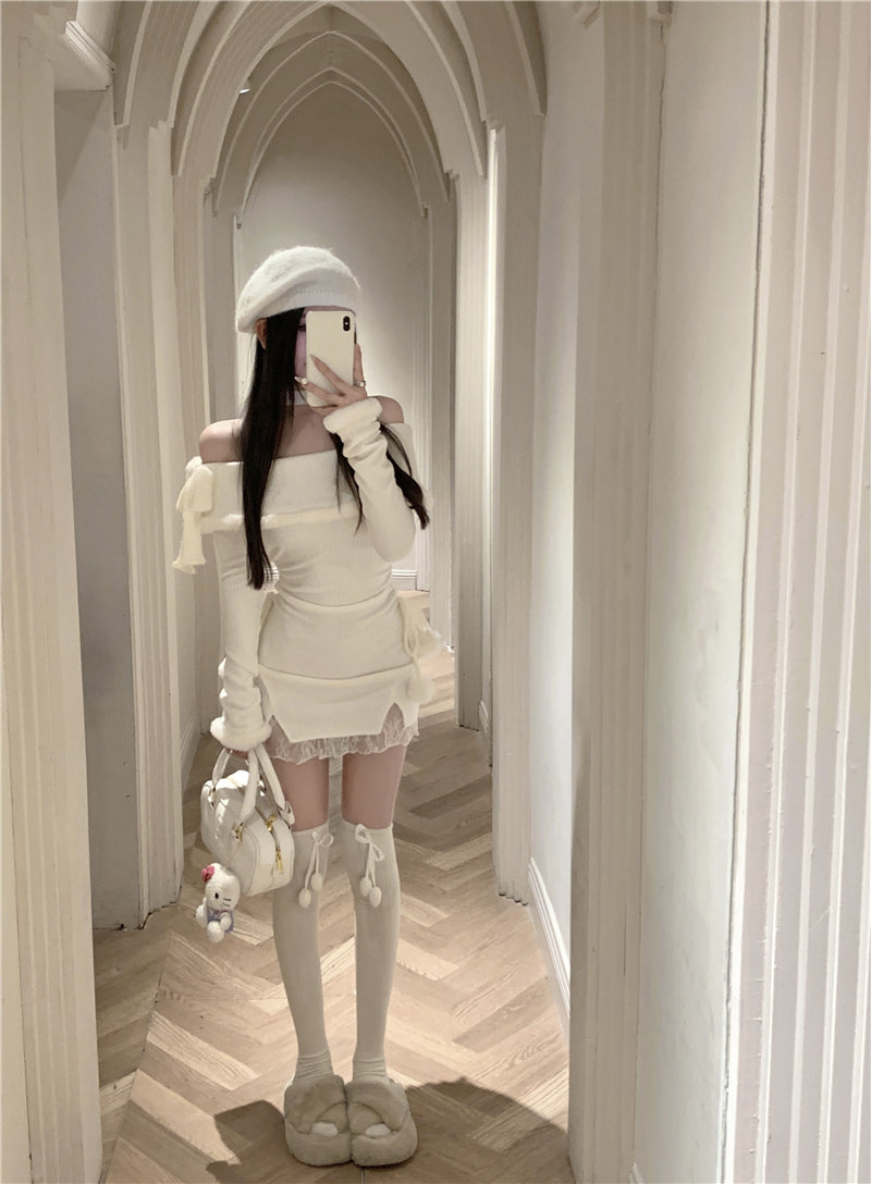 💕法式秋冬聖誕氣息掛脖毛邊包臀短裙