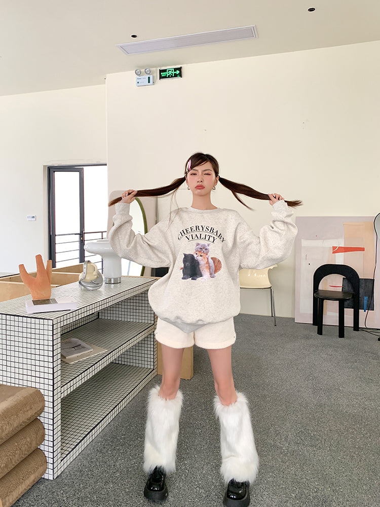 💕秋冬可愛貓咪疊疊樂印花圓領長袖上衣