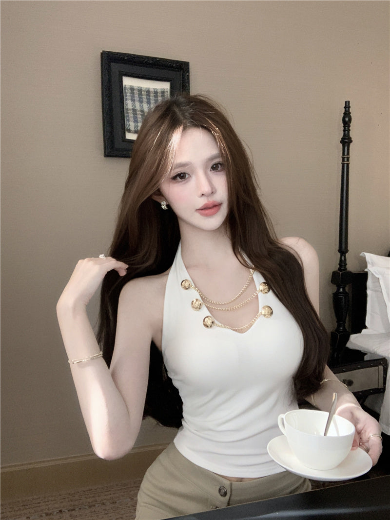 💕V領掛脖吊帶短版絕美上衣