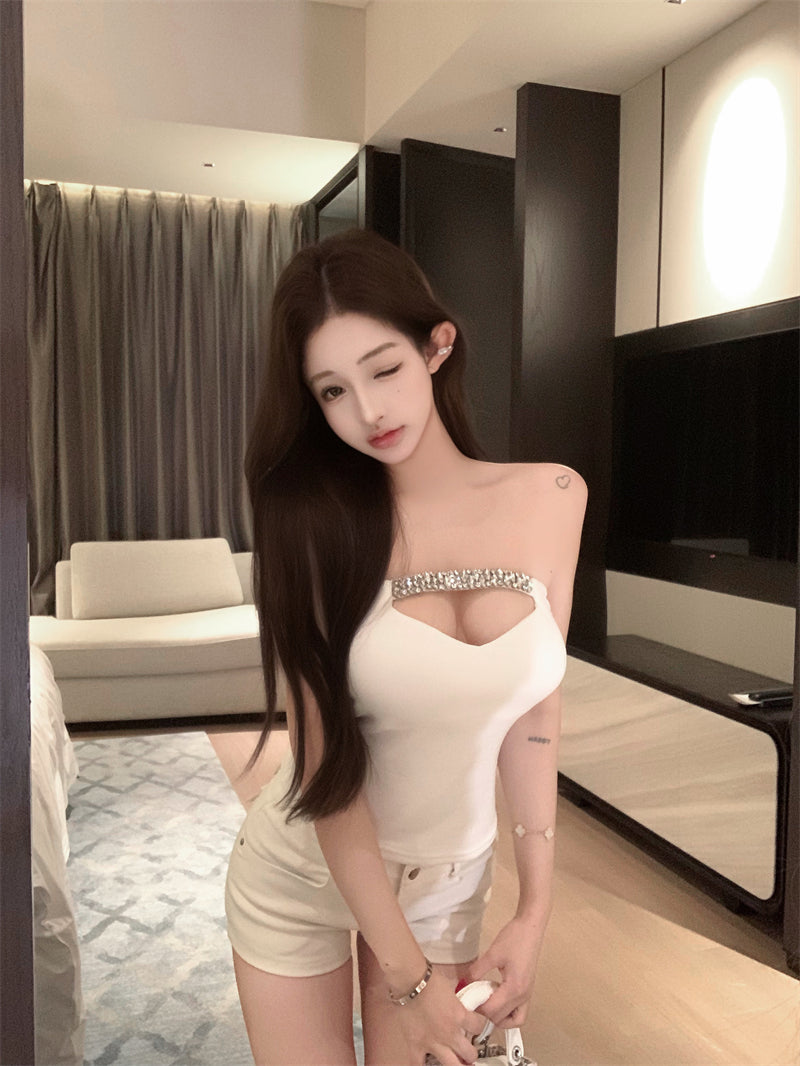 💕高級名媛風鑽鍊收腰顯瘦抹胸帶胸墊上衣