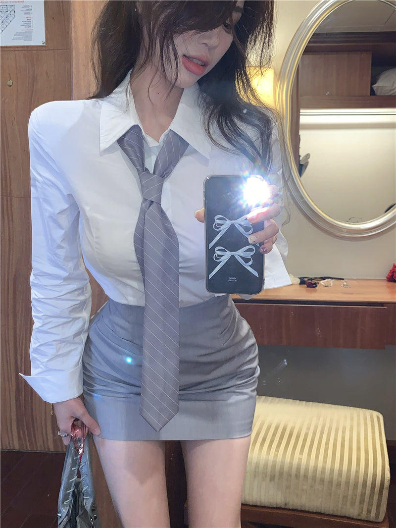 💕韓版秘書款收腰帶領襯衫兩件套