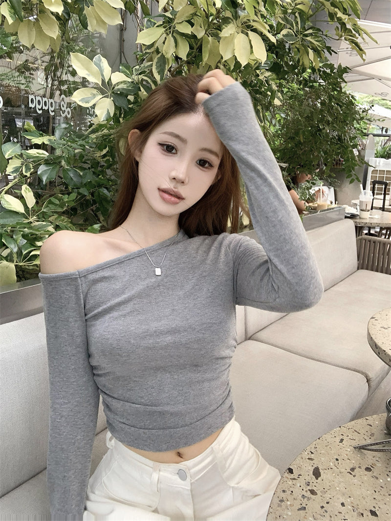 💕簡約通勤絕美基礎款斜肩磨毛上衣