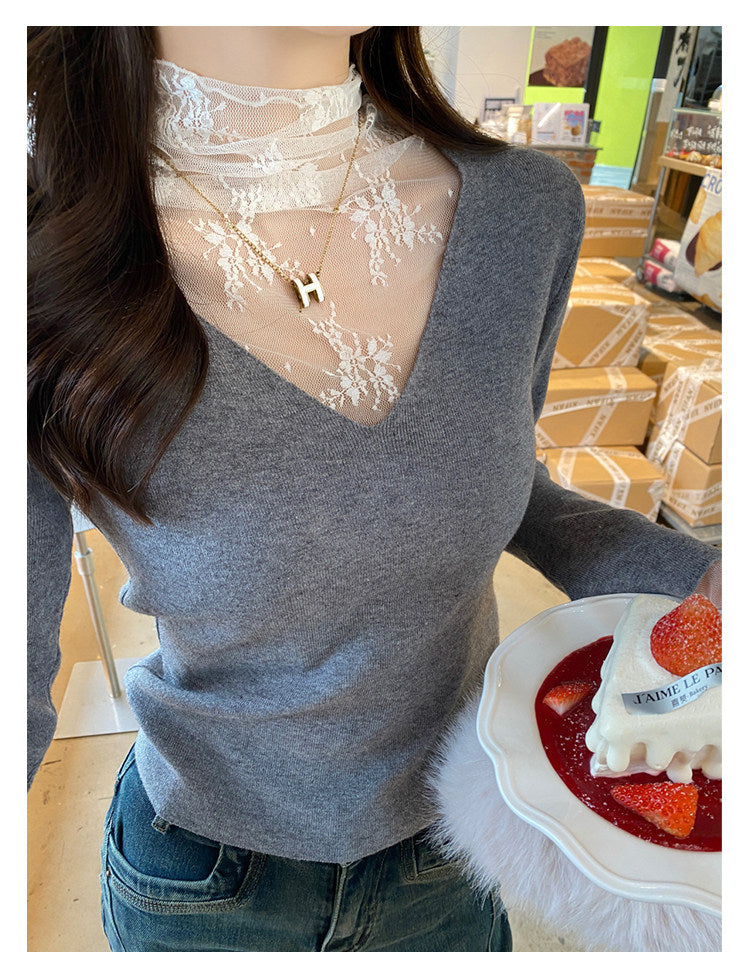 💕白色V領假兩件蕾絲打底衫上衣