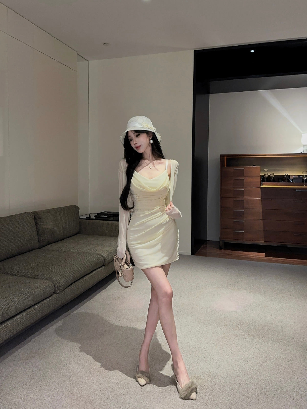 💕甜美性感褶皺修身吊帶連衣裙+開衫
