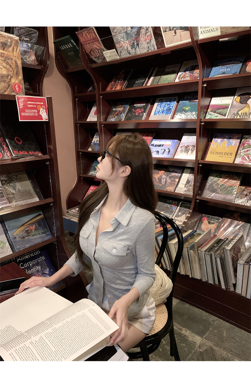 💕氣質翻領長袖收腰鈕扣襯衫