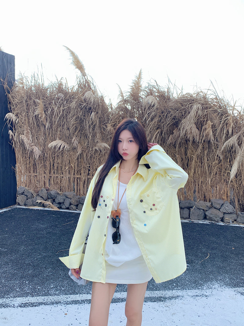 💕青春寬鬆百搭別緻彩色鈕扣條紋襯衫