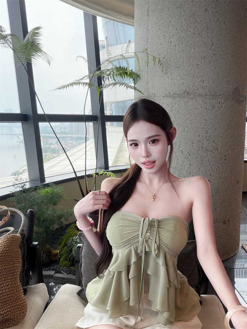 💕氣質重工荷葉邊綁帶掛脖上衣