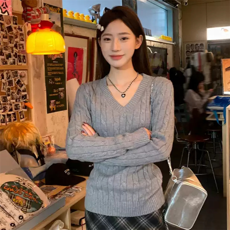 💕韓系慵懶風V領麻花加厚寬鬆毛衣
