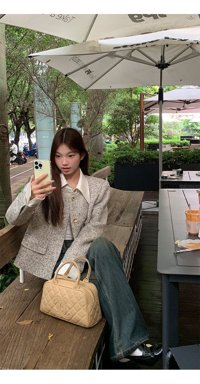 💕韓系秋冬假兩件拼接小香風加墊肩外套