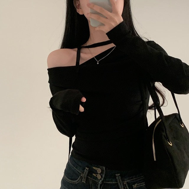 💕溫柔春秋純欲露肩+飄帶顯瘦法式上衣