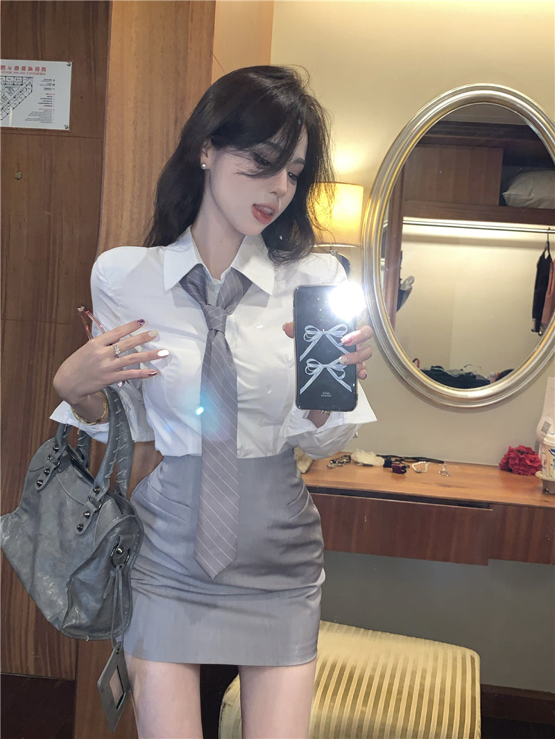 💕韓版秘書款收腰帶領襯衫兩件套
