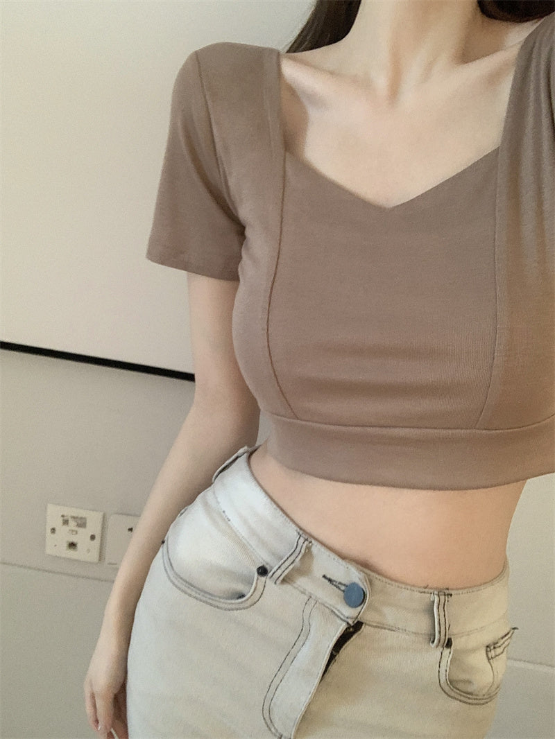 💕方領百搭露鎖骨顯瘦短版露臍上衣