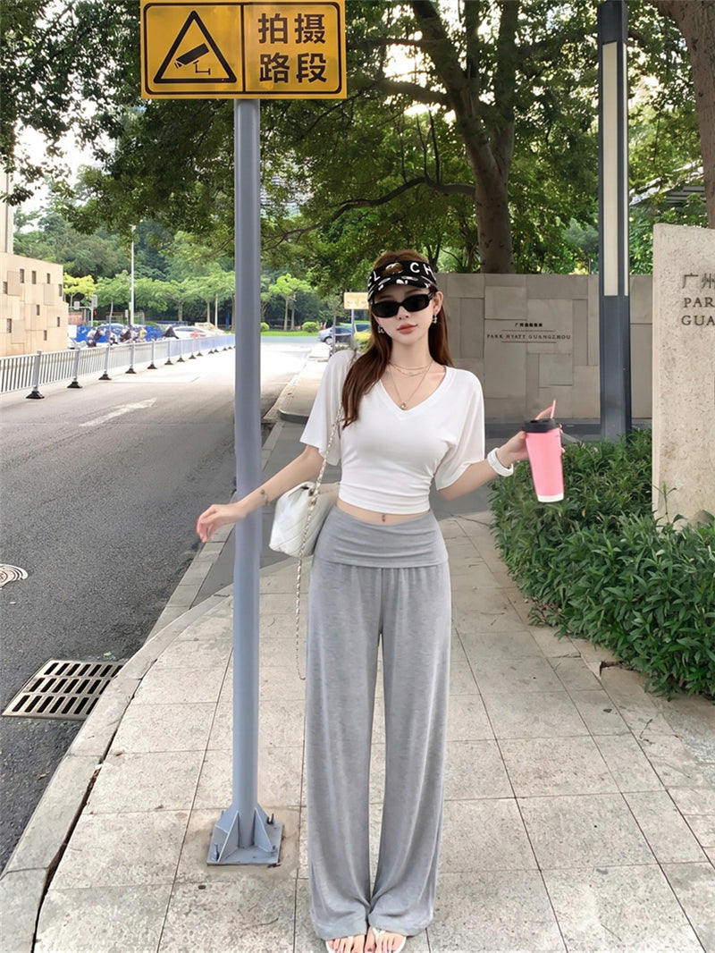 💕慵懶風V領收腰顯瘦蝙蝠袖上衣&直筒褲套裝