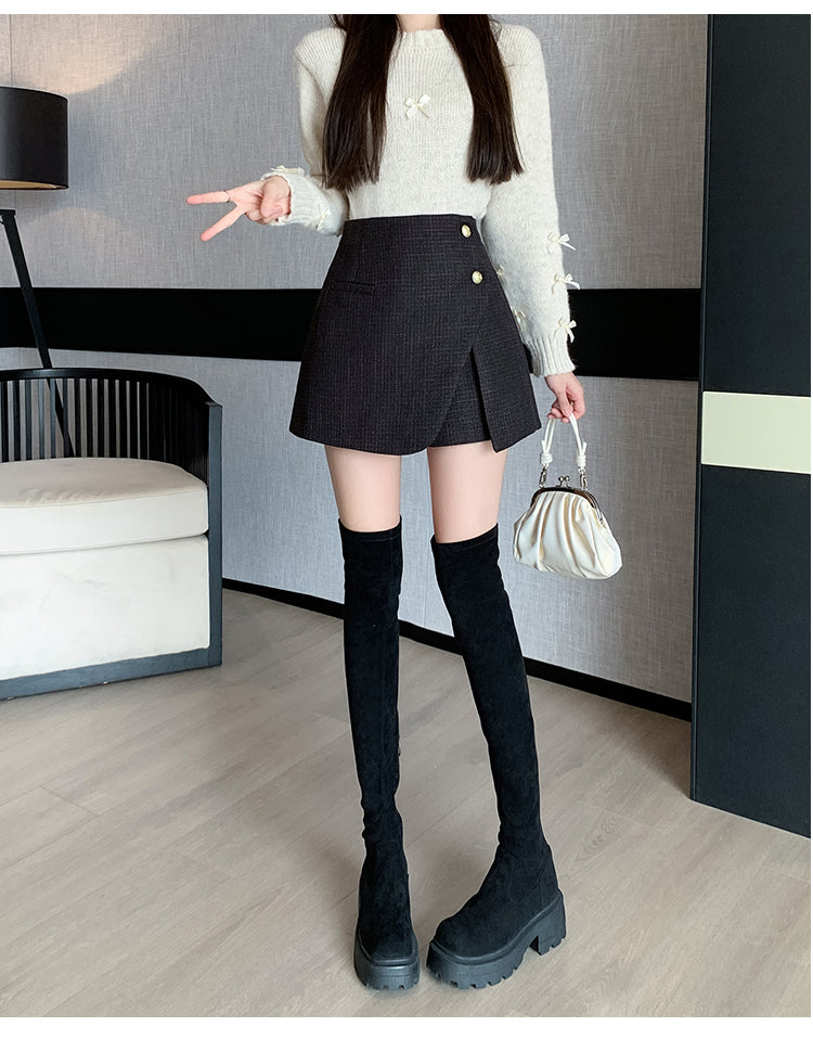 💕秋冬小香風毛呢A字短褲裙